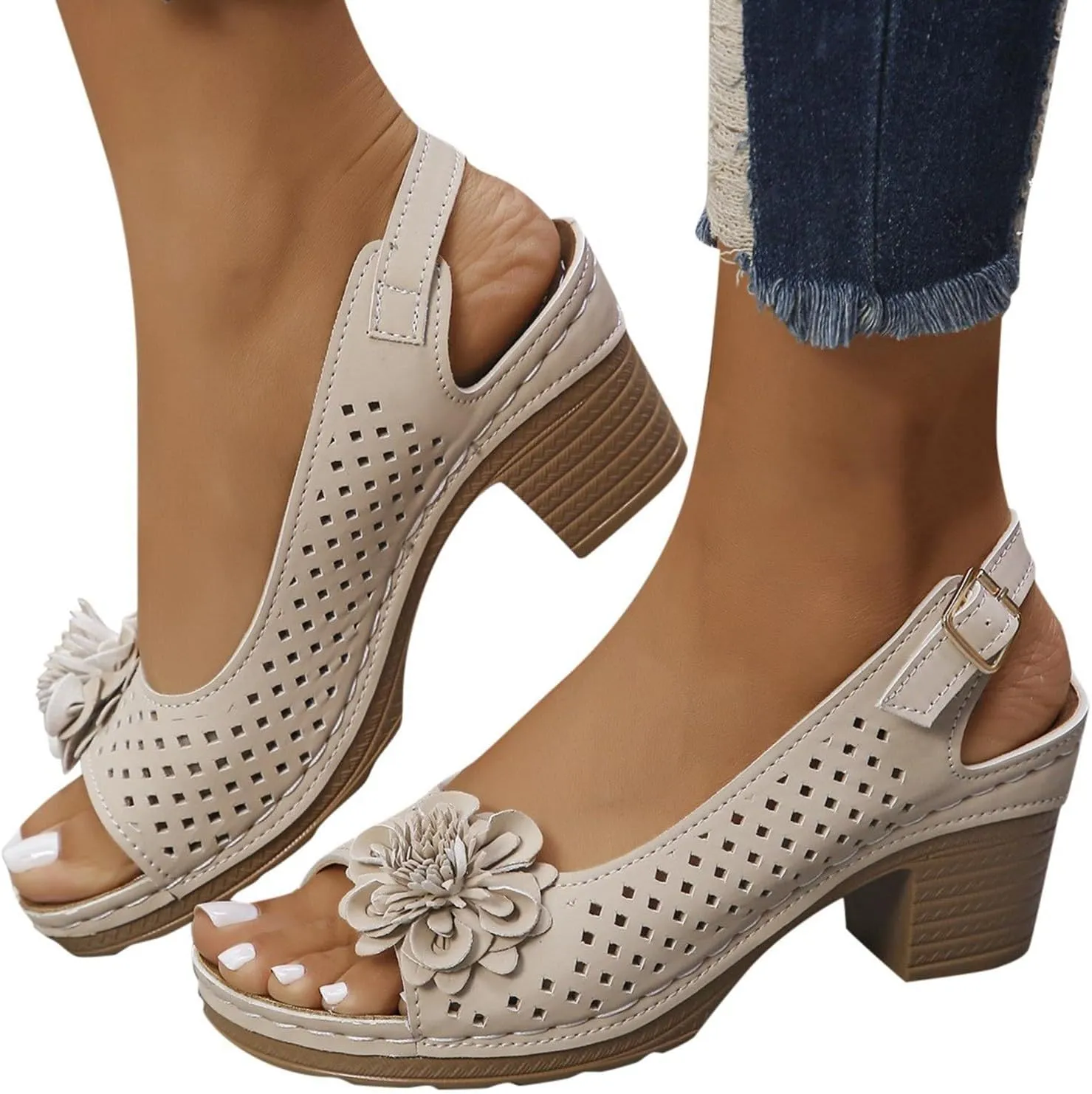 Womens Chunky High Block Heels Fish Mouth Flowers Sandals 2025 Summer Casual Ankle Strap Hollow Out Platform Wedge Sandal