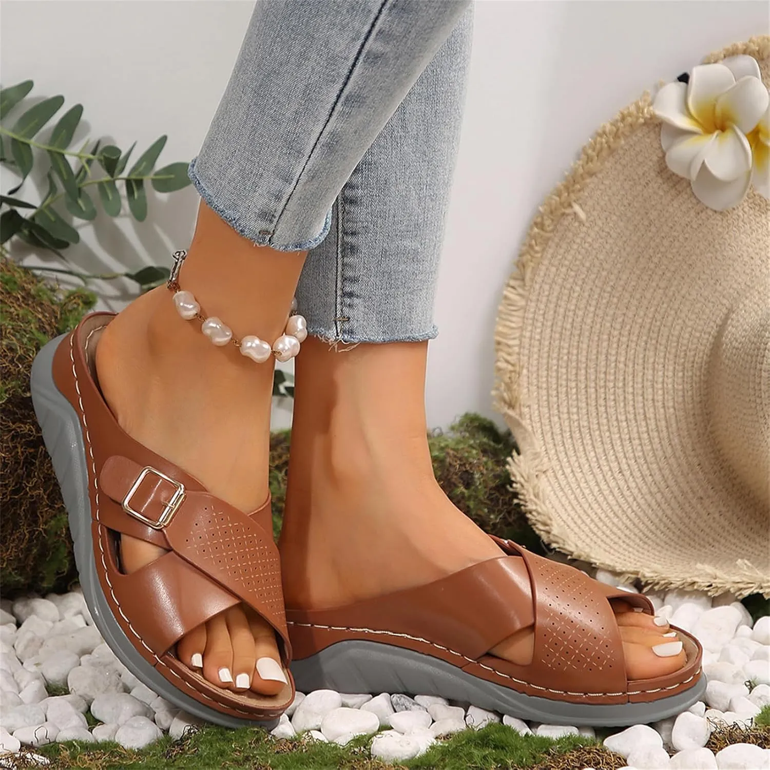Womens Comfortable Open Toe Wedge Sandals Orthotic Walking Arch Support Slip on Summer Sandals Shoes