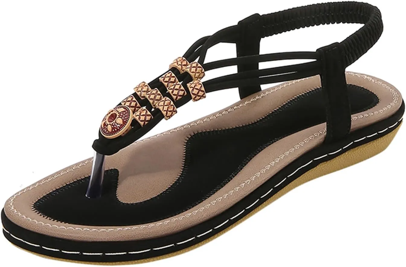 Women's Elastic Ankle Strap Flat Sandals Summer Adjustable Orthotic Shoes Comfortable Walking Flat Sandals