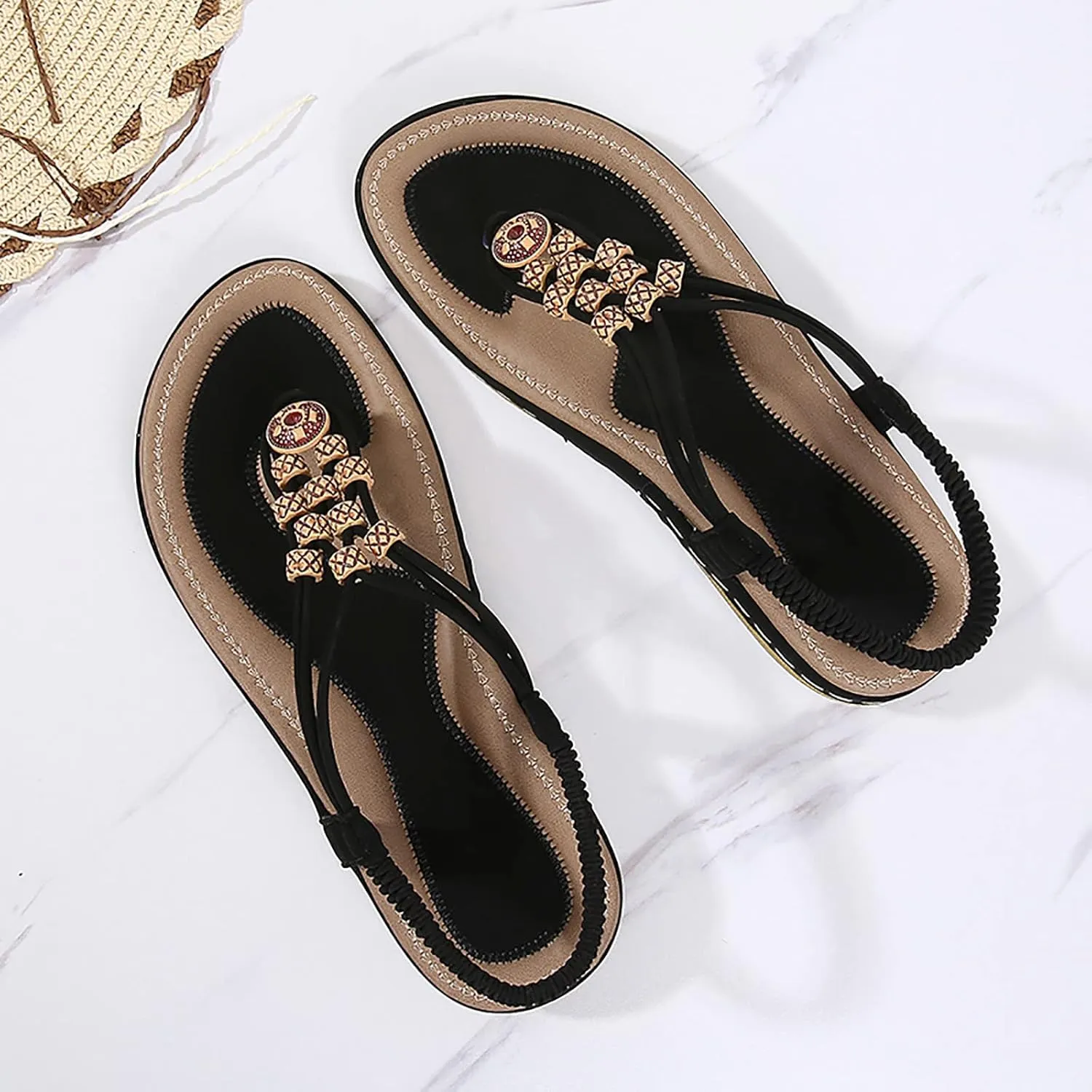 Women's Elastic Ankle Strap Flat Sandals Summer Adjustable Orthotic Shoes Comfortable Walking Flat Sandals