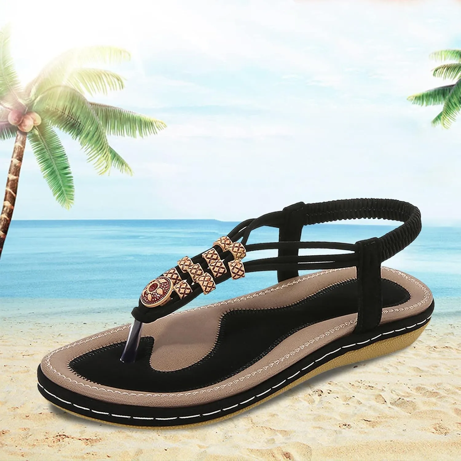 Women's Elastic Ankle Strap Flat Sandals Summer Adjustable Orthotic Shoes Comfortable Walking Flat Sandals