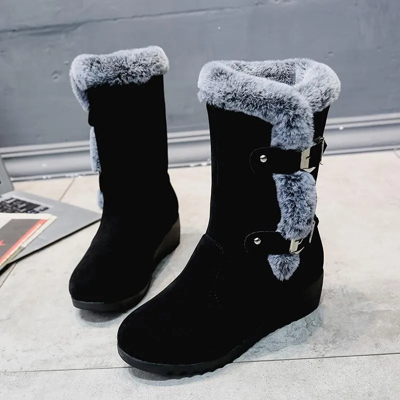 Women's fuzzy faux fur lined buckle strap snow boots mid calf wedge heel snow boots