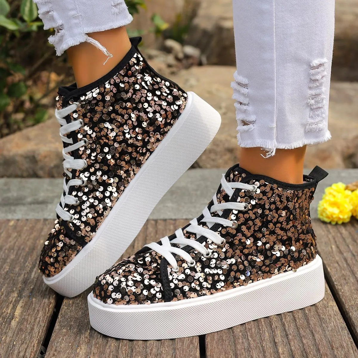 Women's High Top Canvas Shoes Casual Lace up Fashion Sneaker Shoes Rhinestone Bling Wedding Bridal Shoes Shiny Sequin Shoes