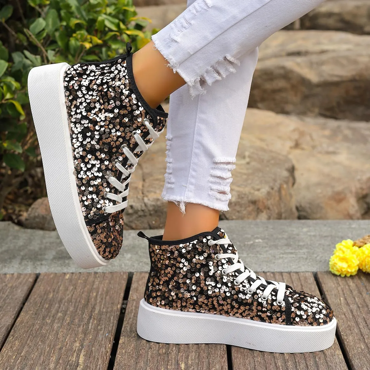 Women's High Top Canvas Shoes Casual Lace up Fashion Sneaker Shoes Rhinestone Bling Wedding Bridal Shoes Shiny Sequin Shoes