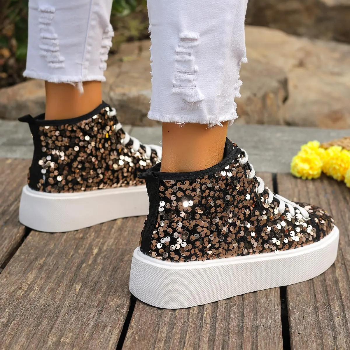 Women's High Top Canvas Shoes Casual Lace up Fashion Sneaker Shoes Rhinestone Bling Wedding Bridal Shoes Shiny Sequin Shoes