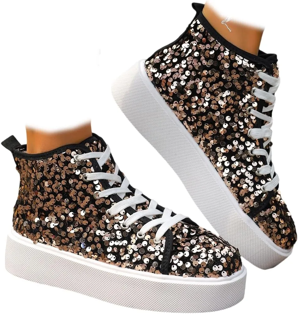 Women's High Top Canvas Shoes Casual Lace up Fashion Sneaker Shoes Rhinestone Bling Wedding Bridal Shoes Shiny Sequin Shoes