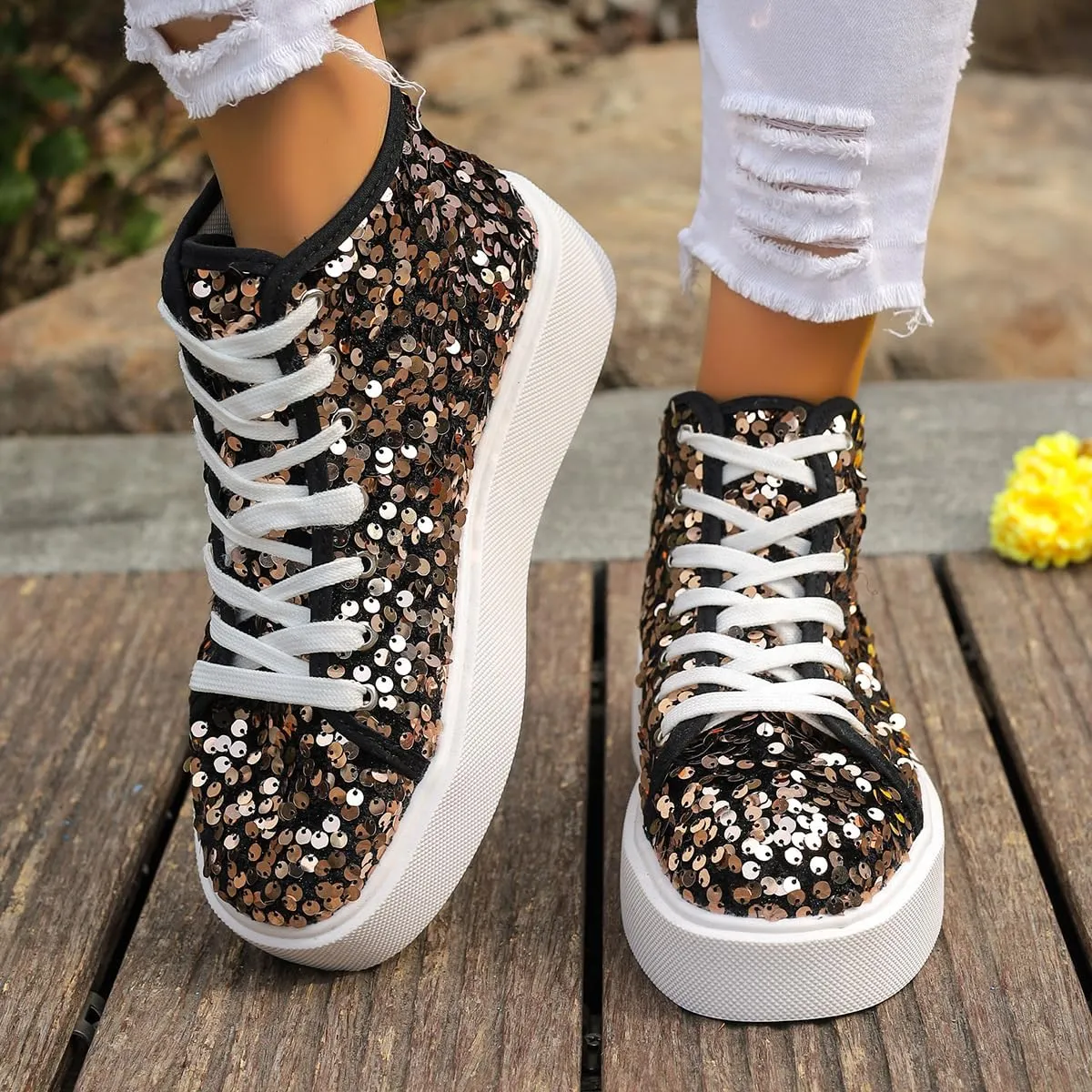 Women's High Top Canvas Shoes Casual Lace up Fashion Sneaker Shoes Rhinestone Bling Wedding Bridal Shoes Shiny Sequin Shoes