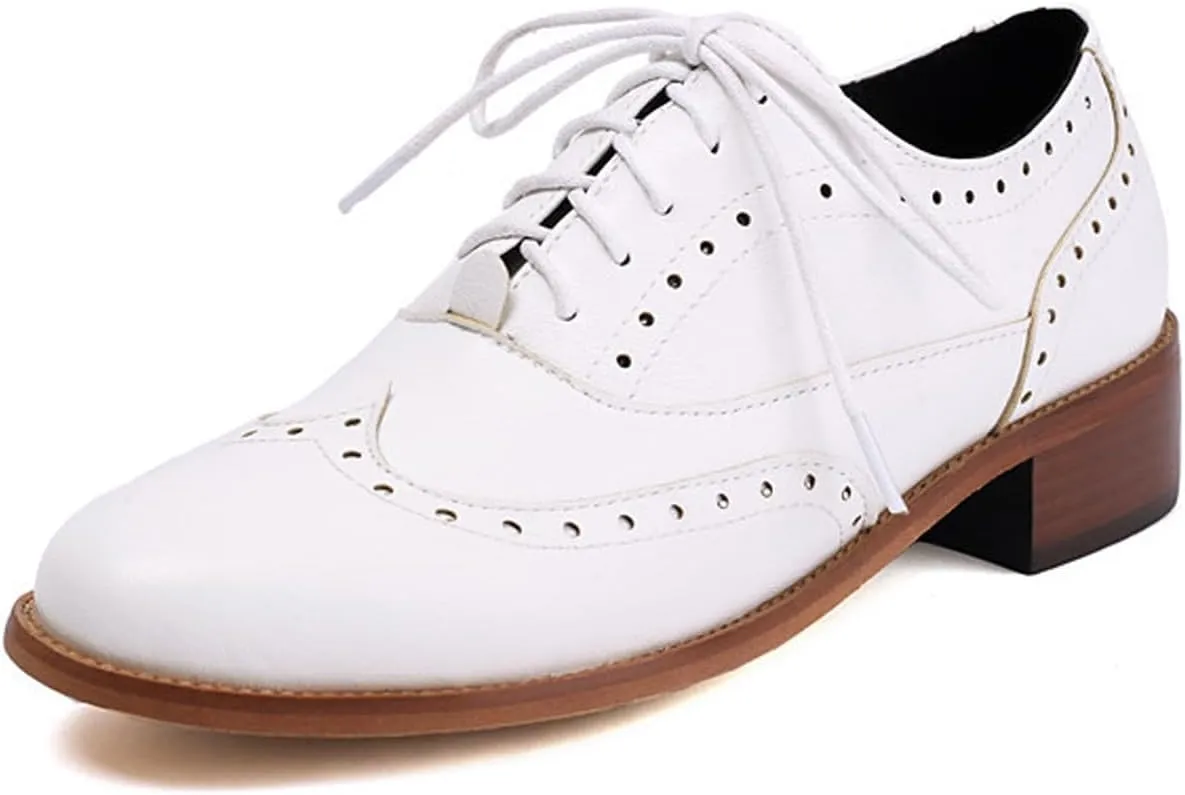 Women's Leather Wingtip Chunky Heel Oxford Shoes Retro Pointed Block Heel Non-Slip Lace-Up Business Work Brogue Dress Shoes