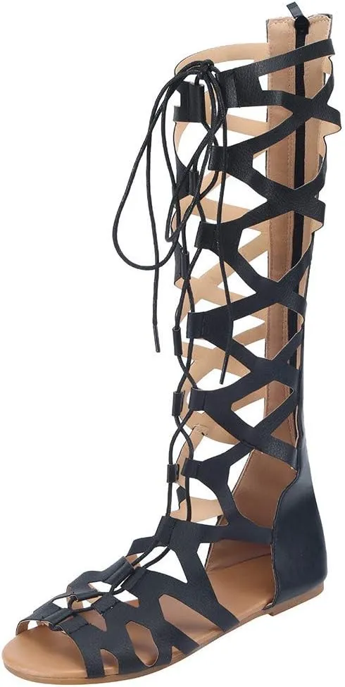 Women's Long Sandals Flats with Arch Support Strappy Adjustable Summer Beach Walking Thong Cushion Sandals