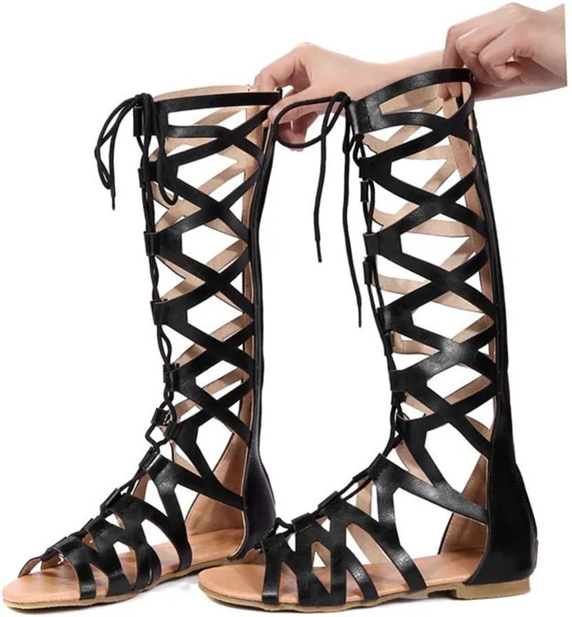 Women's Long Sandals Flats with Arch Support Strappy Adjustable Summer Beach Walking Thong Cushion Sandals