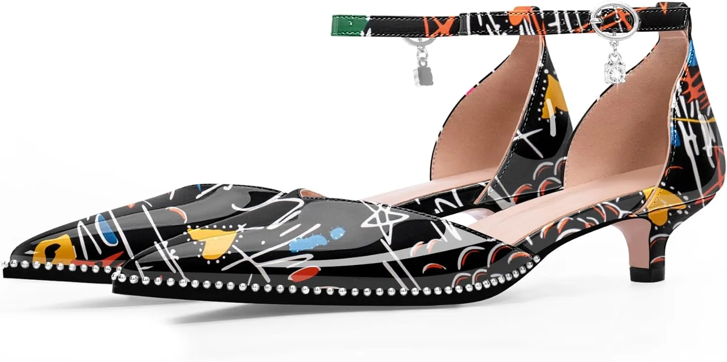 Women's Low Kitten Heel Pointed Toe Pumps Ankle Strap Patent Leather Prom Wedding Dress Shoes