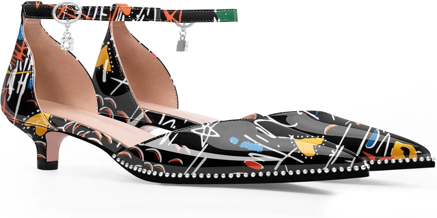 Women's Low Kitten Heel Pointed Toe Pumps Ankle Strap Patent Leather Prom Wedding Dress Shoes