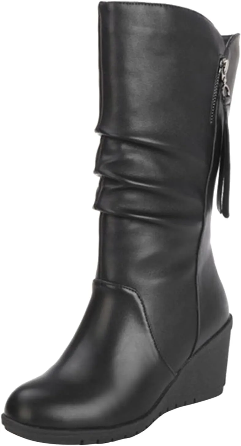 Womens Mid Calf Slouch Boots Stacked Wedge Heel Boot Wide Calf Round Toe Tall Boot Winter Fall Shoes with Side Zipper