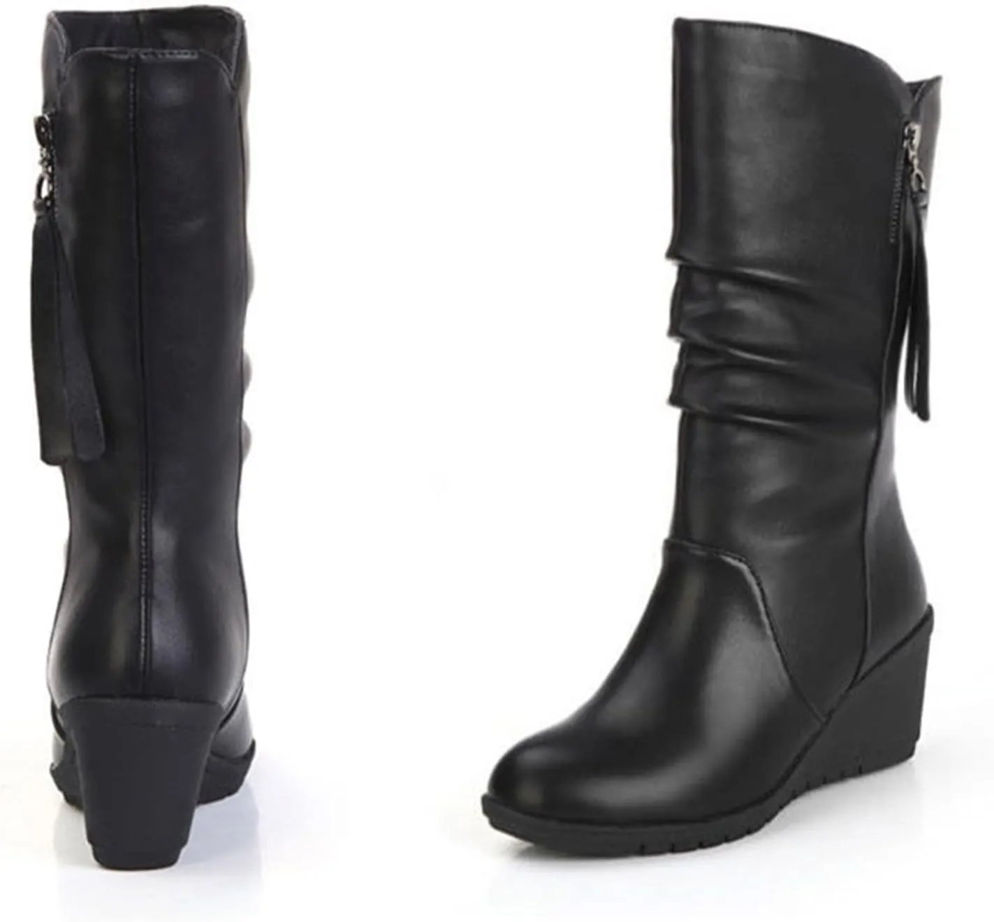 Womens Mid Calf Slouch Boots Stacked Wedge Heel Boot Wide Calf Round Toe Tall Boot Winter Fall Shoes with Side Zipper