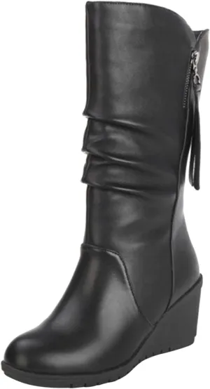 Womens Mid Calf Slouch Boots Stacked Wedge Heel Boot Wide Calf Round Toe Tall Boot Winter Fall Shoes with Side Zipper