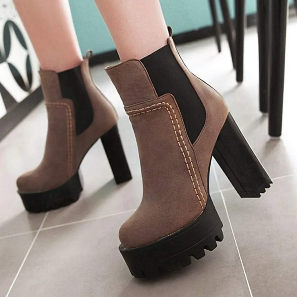 Women's Platform High Heeled Ankle Booties Round Toe Chelsea Waterproof Slip On Elastic Dressy Short Boots
