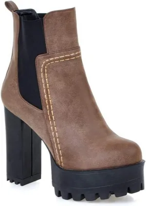 Women's Platform High Heeled Ankle Booties Round Toe Chelsea Waterproof Slip On Elastic Dressy Short Boots
