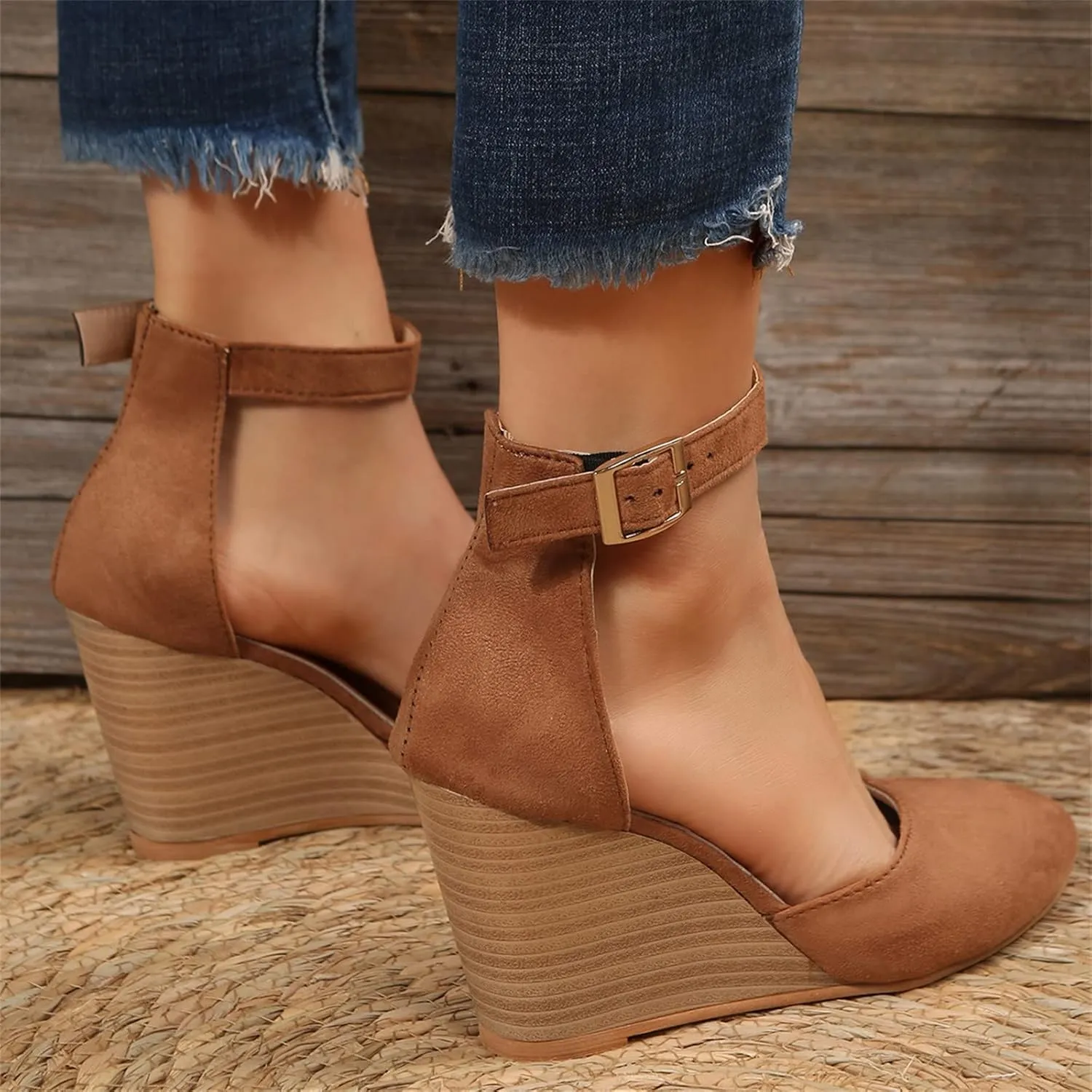 Womens Sandals Pointed Toe Closed Toe Suede Wedge Heels Thick Sole Adjustable Buckle Wedge Platform Sandals Slides
