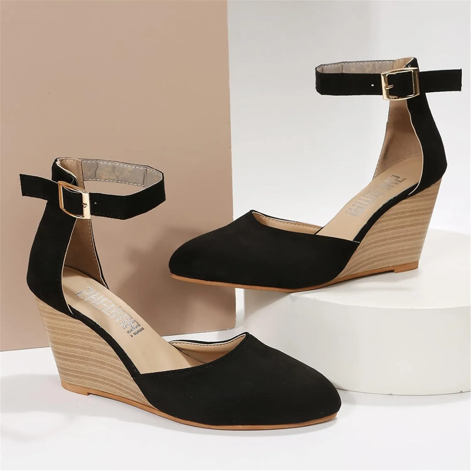 Womens Sandals Pointed Toe Closed Toe Suede Wedge Heels Thick Sole Adjustable Buckle Wedge Platform Sandals Slides