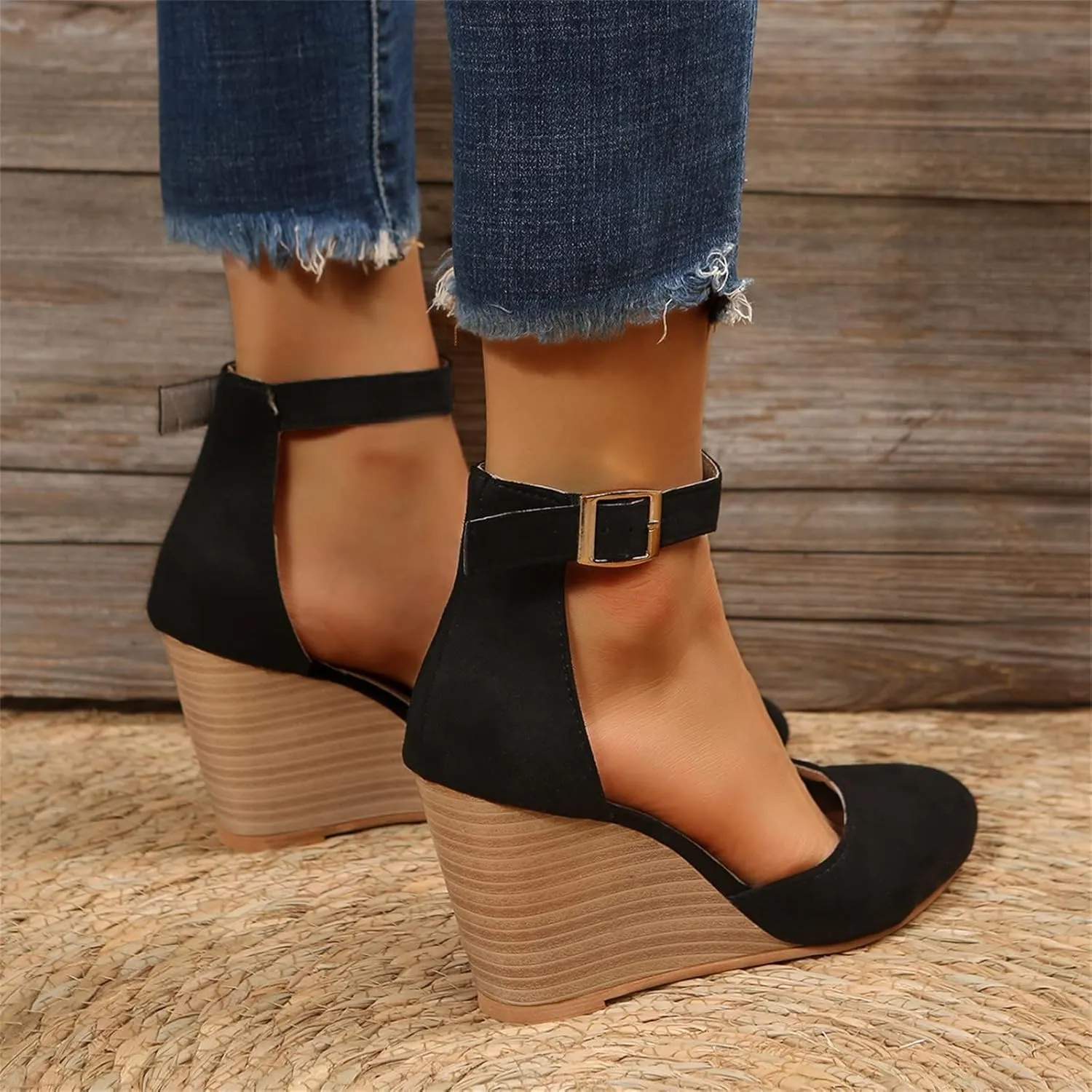Womens Sandals Pointed Toe Closed Toe Suede Wedge Heels Thick Sole Adjustable Buckle Wedge Platform Sandals Slides
