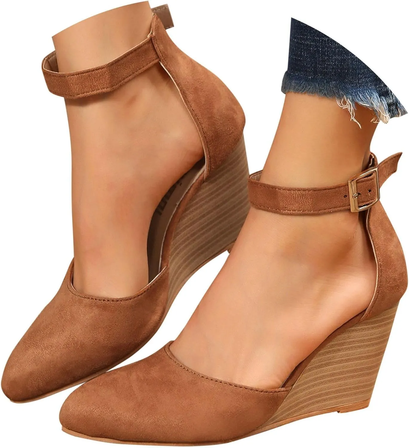 Womens Sandals Pointed Toe Closed Toe Suede Wedge Heels Thick Sole Adjustable Buckle Wedge Platform Sandals Slides