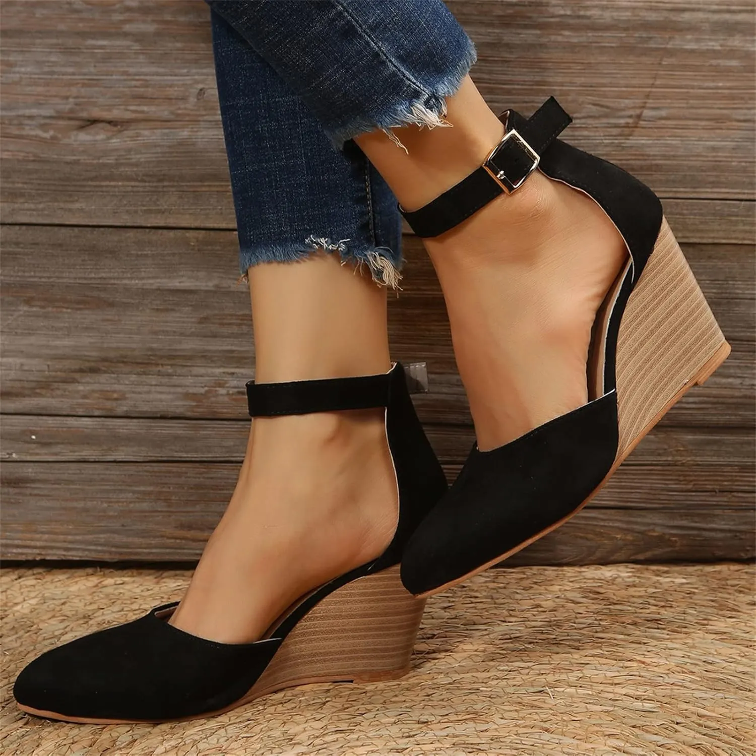Womens Sandals Pointed Toe Closed Toe Suede Wedge Heels Thick Sole Adjustable Buckle Wedge Platform Sandals Slides