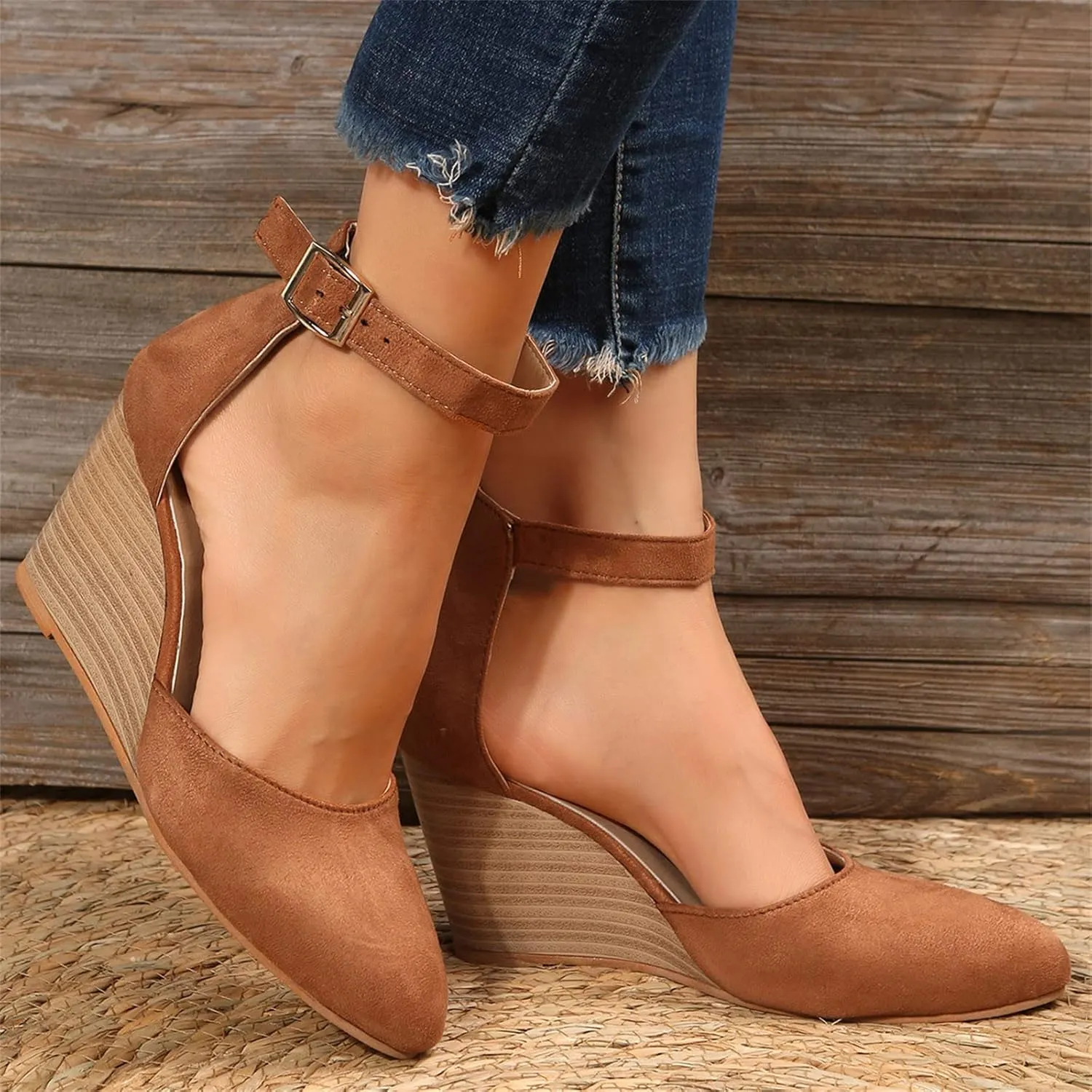 Womens Sandals Pointed Toe Closed Toe Suede Wedge Heels Thick Sole Adjustable Buckle Wedge Platform Sandals Slides
