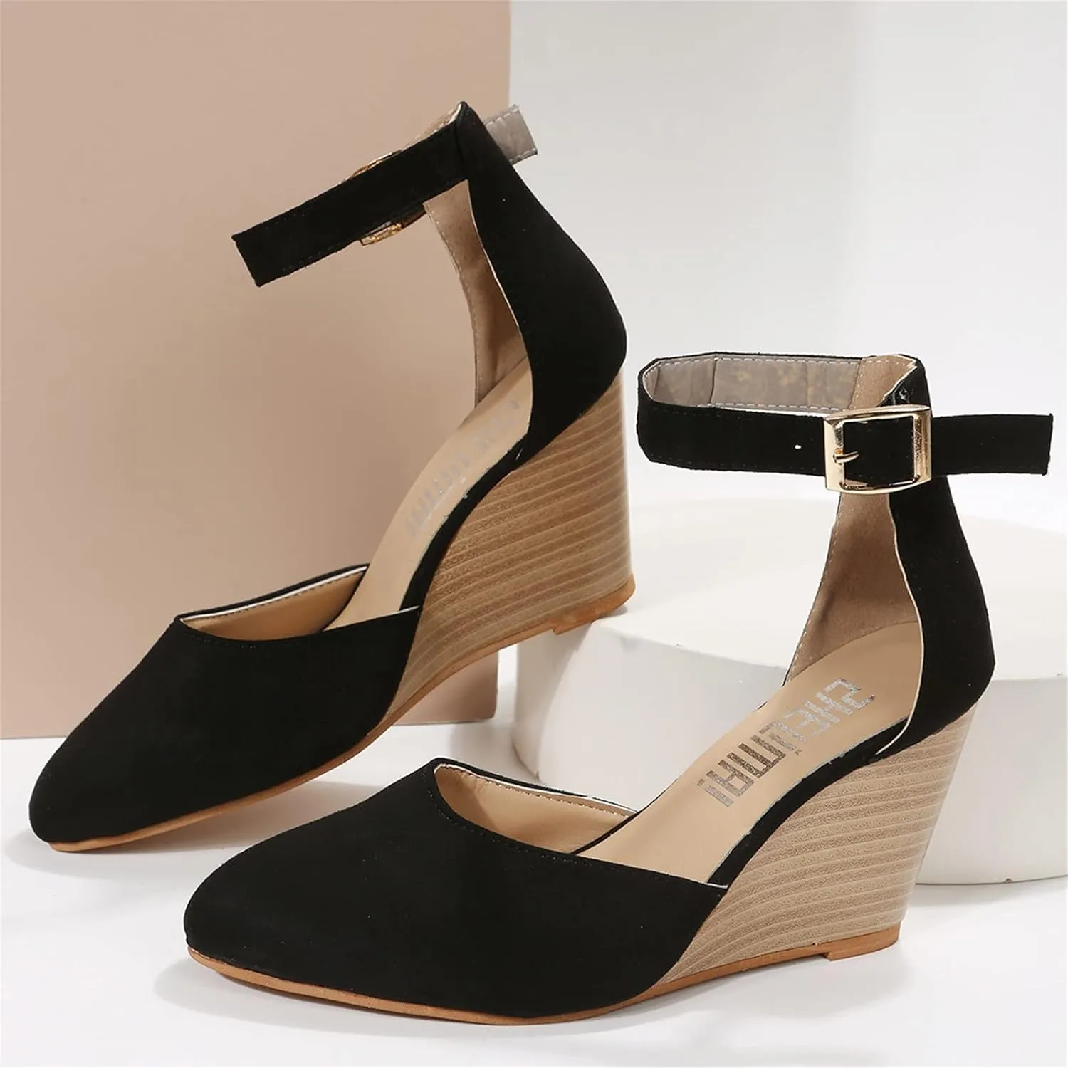 Womens Sandals Pointed Toe Closed Toe Suede Wedge Heels Thick Sole Adjustable Buckle Wedge Platform Sandals Slides