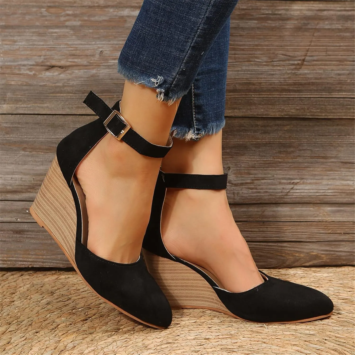 Womens Sandals Pointed Toe Closed Toe Suede Wedge Heels Thick Sole Adjustable Buckle Wedge Platform Sandals Slides