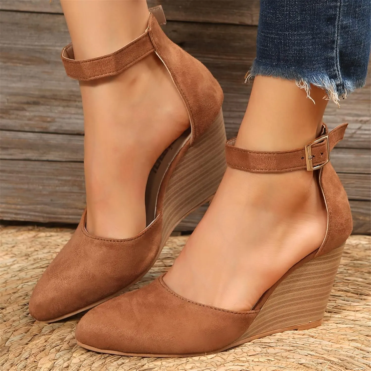 Womens Sandals Pointed Toe Closed Toe Suede Wedge Heels Thick Sole Adjustable Buckle Wedge Platform Sandals Slides