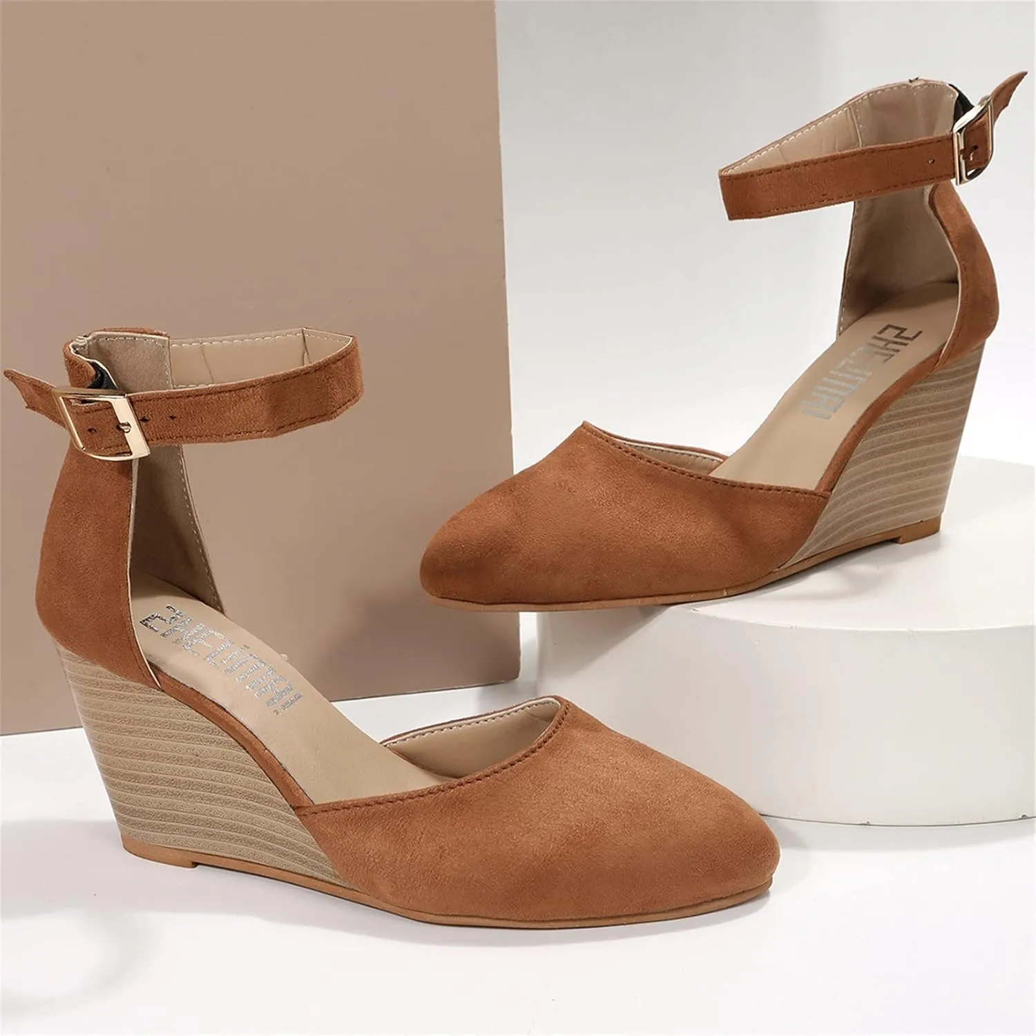 Womens Sandals Pointed Toe Closed Toe Suede Wedge Heels Thick Sole Adjustable Buckle Wedge Platform Sandals Slides