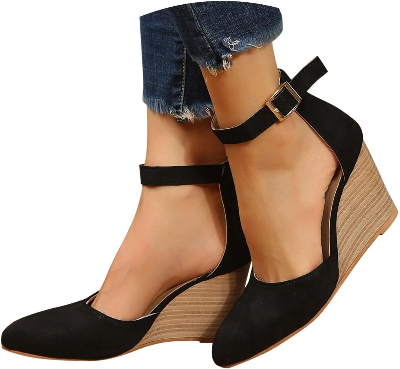 Womens Sandals Pointed Toe Closed Toe Suede Wedge Heels Thick Sole Adjustable Buckle Wedge Platform Sandals Slides
