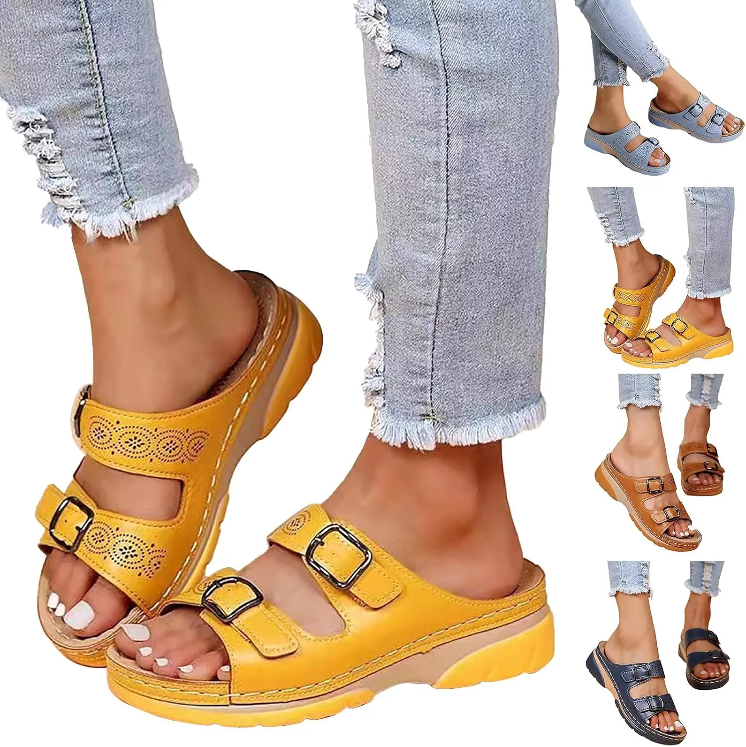 Women's Sandals Summer Adjustable Leather Sandals Orthopedic Wedge Sandals Walking Beach Slippers with Arch Support2