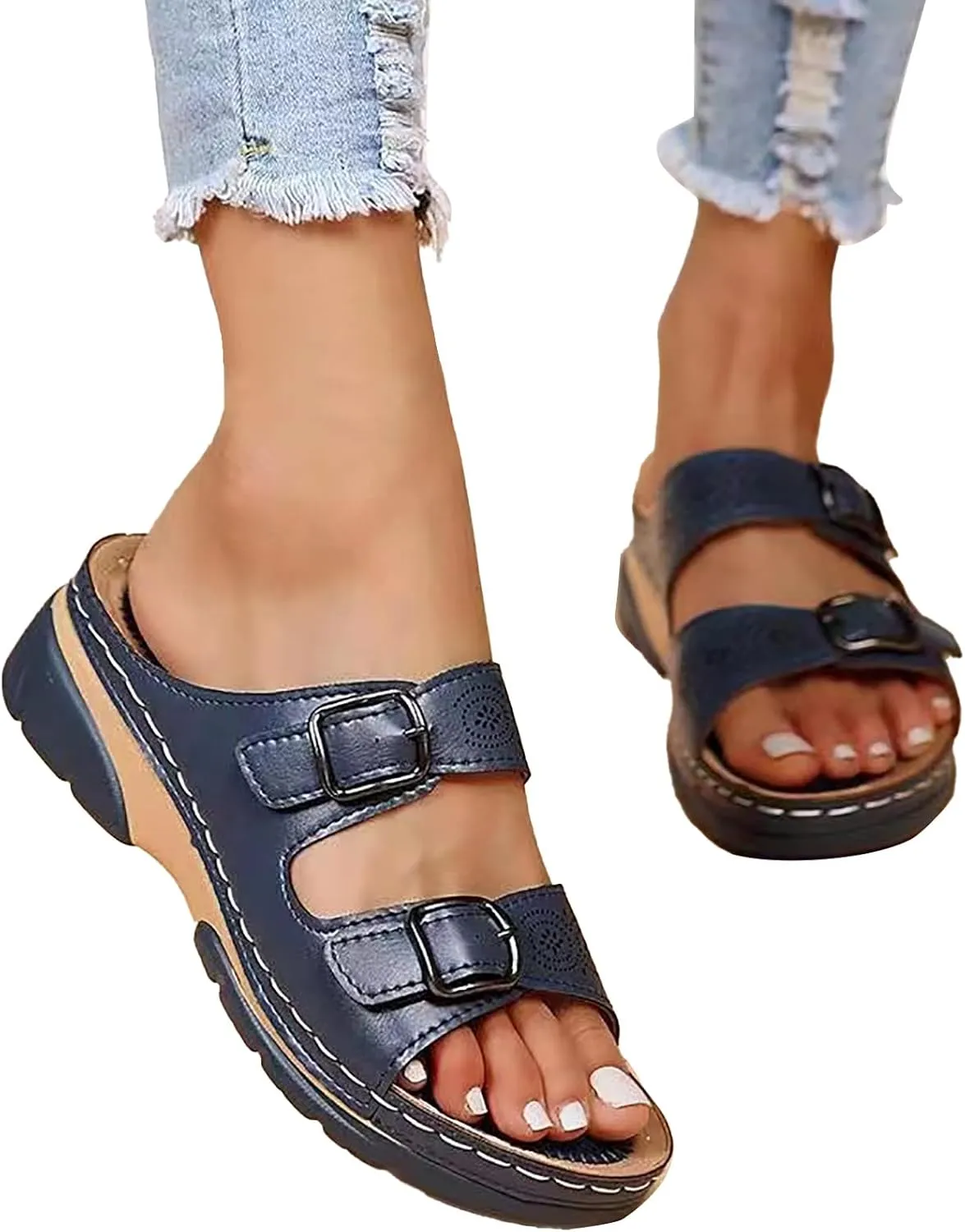 Women's Sandals Summer Adjustable Leather Sandals Orthopedic Wedge Sandals Walking Beach Slippers with Arch Support2