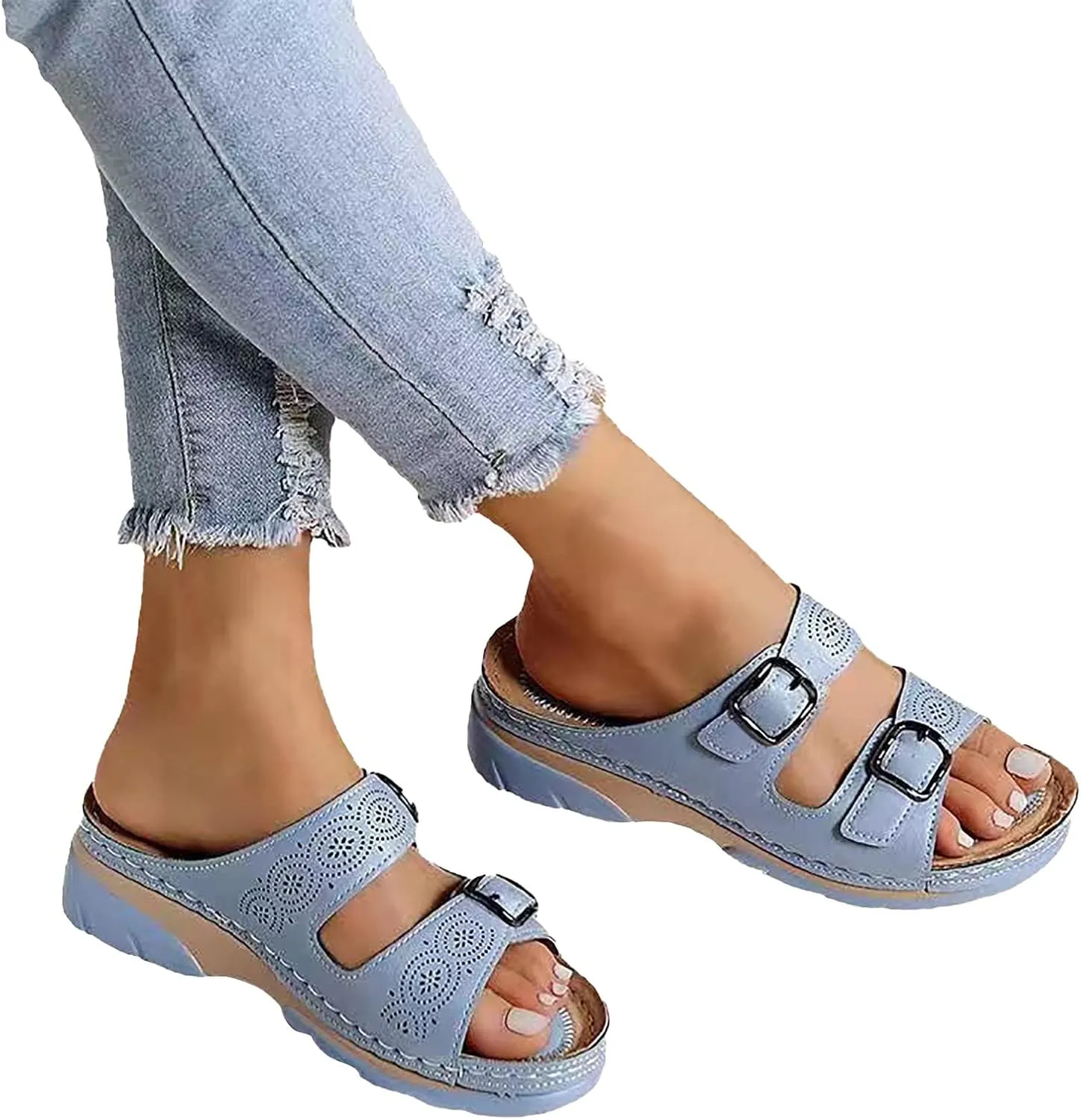 Women's Sandals Summer Adjustable Leather Sandals Orthopedic Wedge Sandals Walking Beach Slippers with Arch Support2