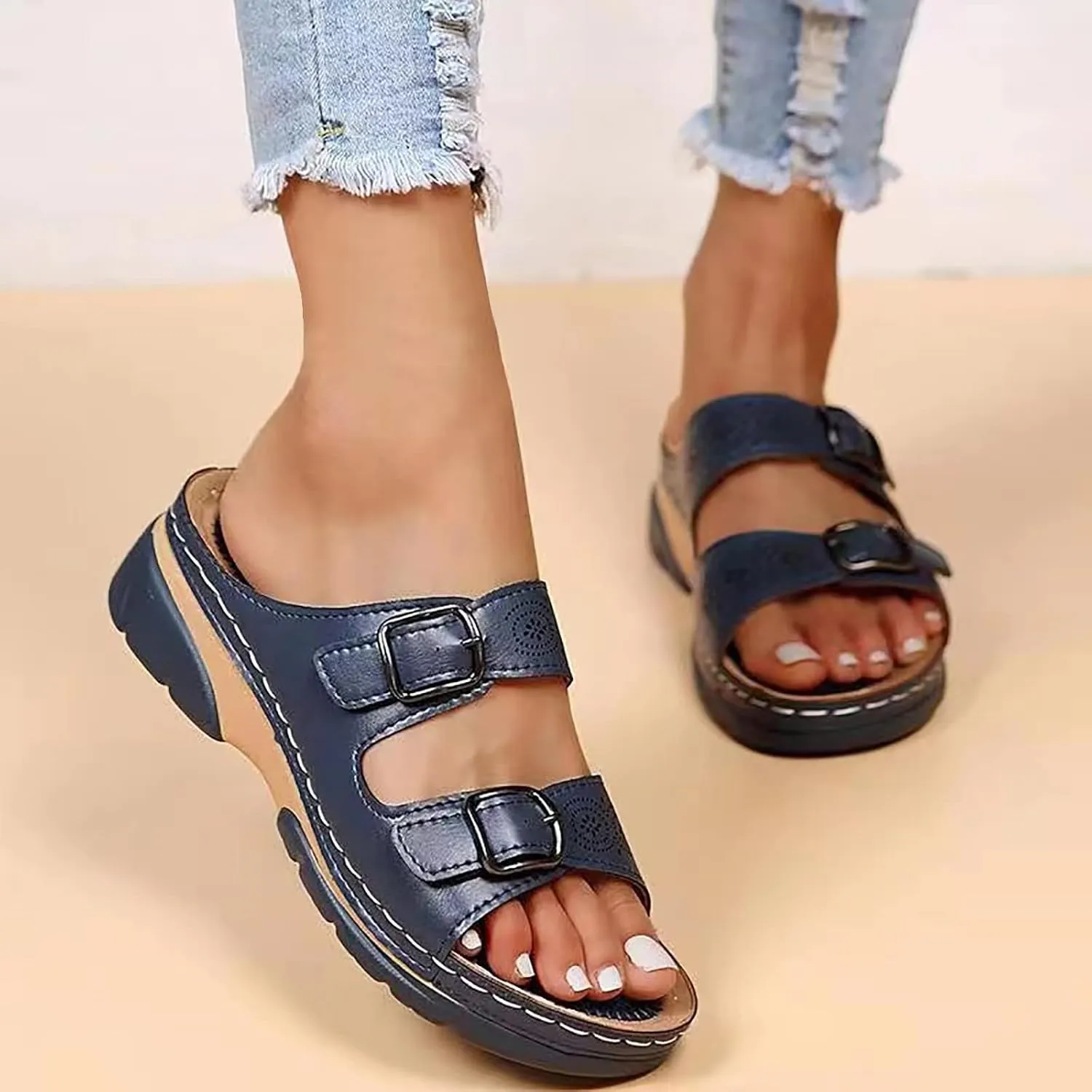 Women's Sandals Summer Adjustable Leather Sandals Orthopedic Wedge Sandals Walking Beach Slippers with Arch Support2