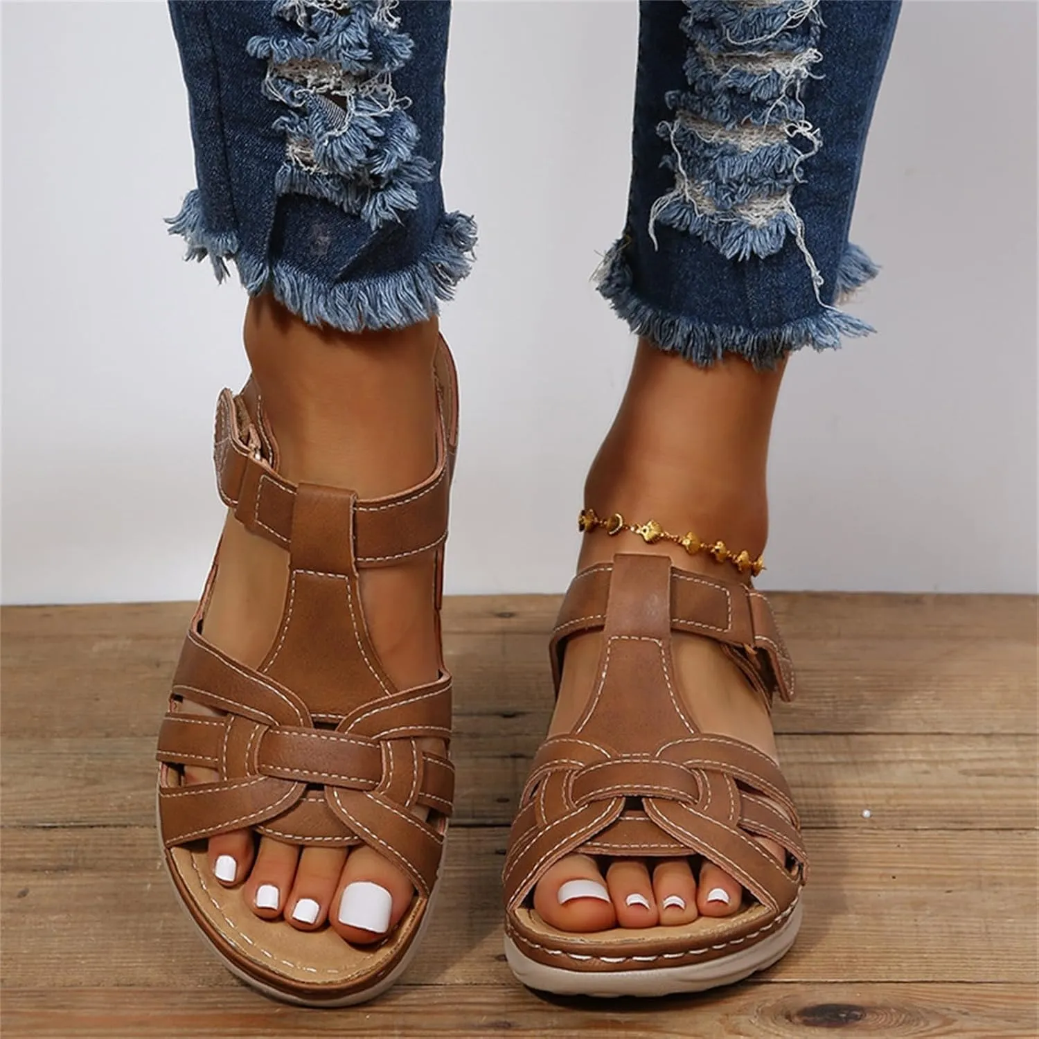 Women's Slide Sandals Adjustable Ankel Strap Platform Wedge Sandals Arch Support Orthopedic Walking Sandal Shoes