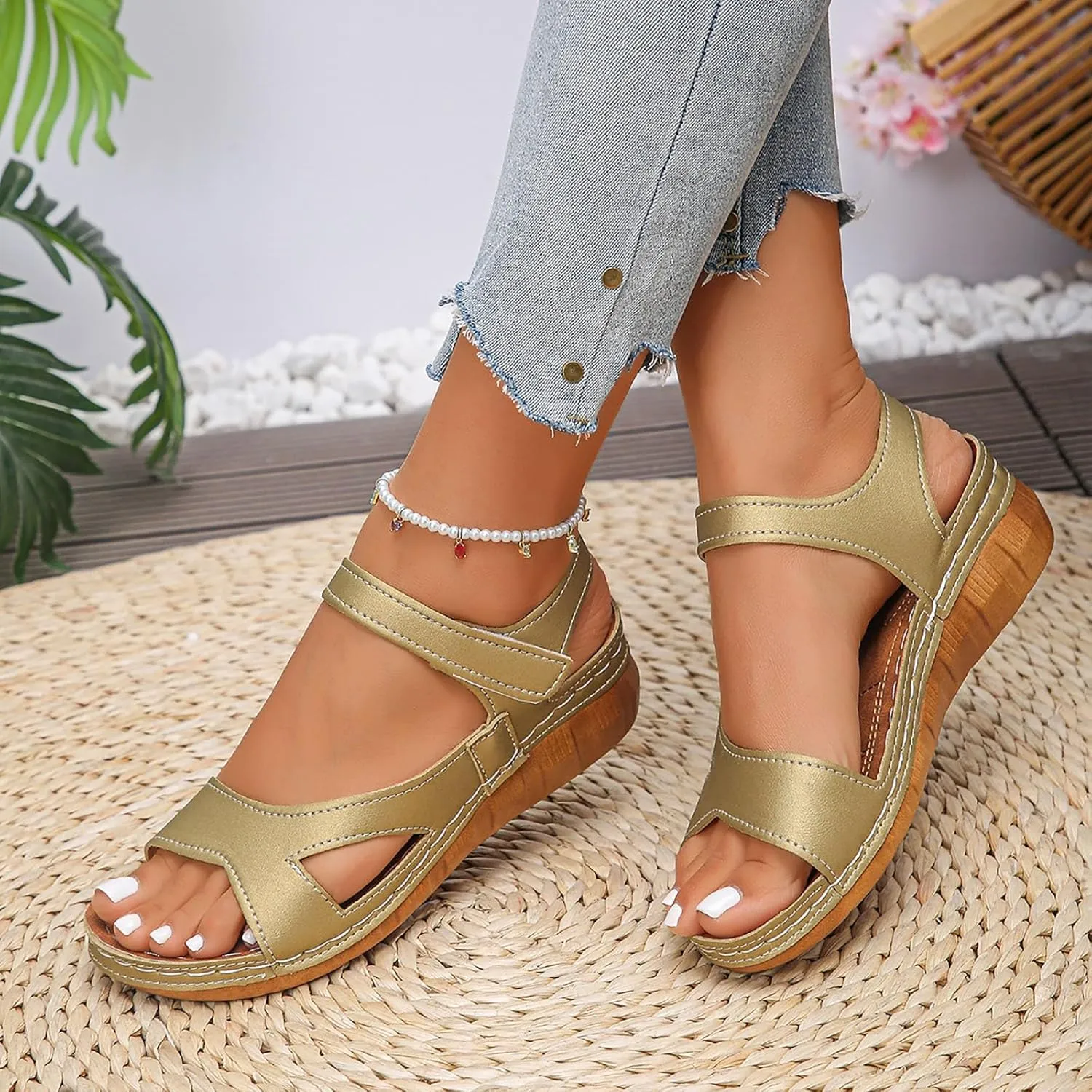 Womens Slide Sandals Open Toe Adjustable Thick Soled Wedge Sandals Lightweight Casual Slip On Walking Shoes