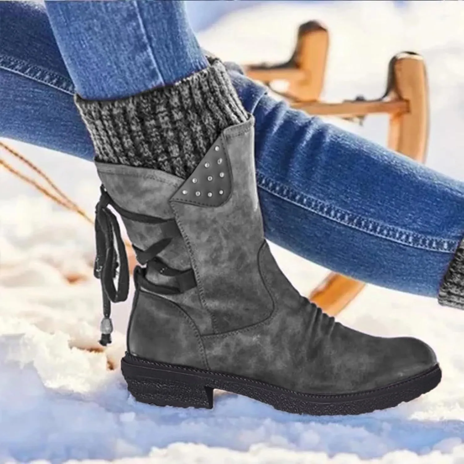 Women's Snow Winter Boots Mid Calf Warm Faux Fur Lined Lace Up Anti-slip Outdoor Boots Women's Snow Boots
