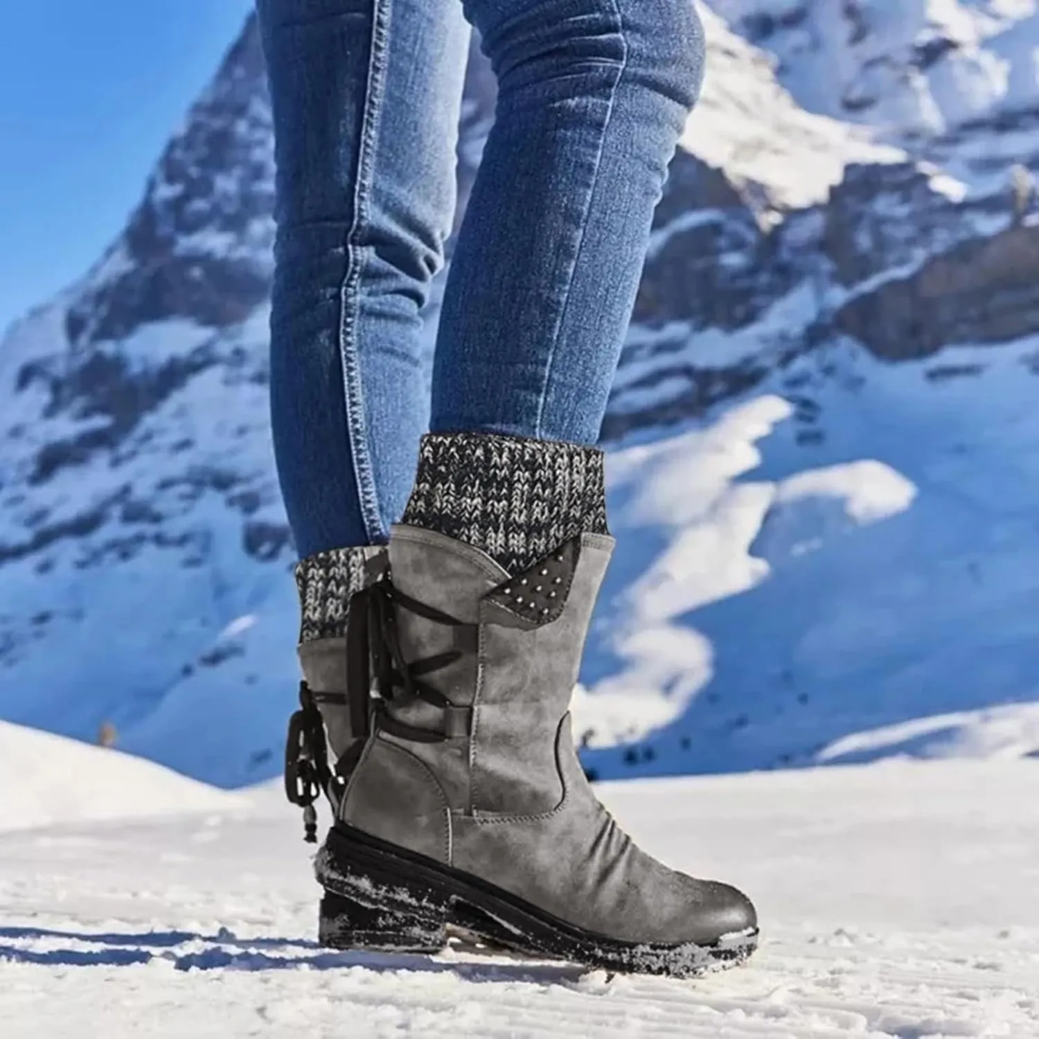 Women's Snow Winter Boots Mid Calf Warm Faux Fur Lined Lace Up Anti-slip Outdoor Boots Women's Snow Boots