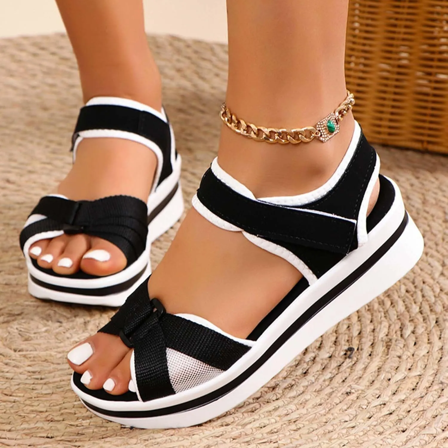 Womens Summer Shoes Plus Size Adjustable Wedge Patchwork Cute Platform Sandals Comfort Beach Shoe Sandal