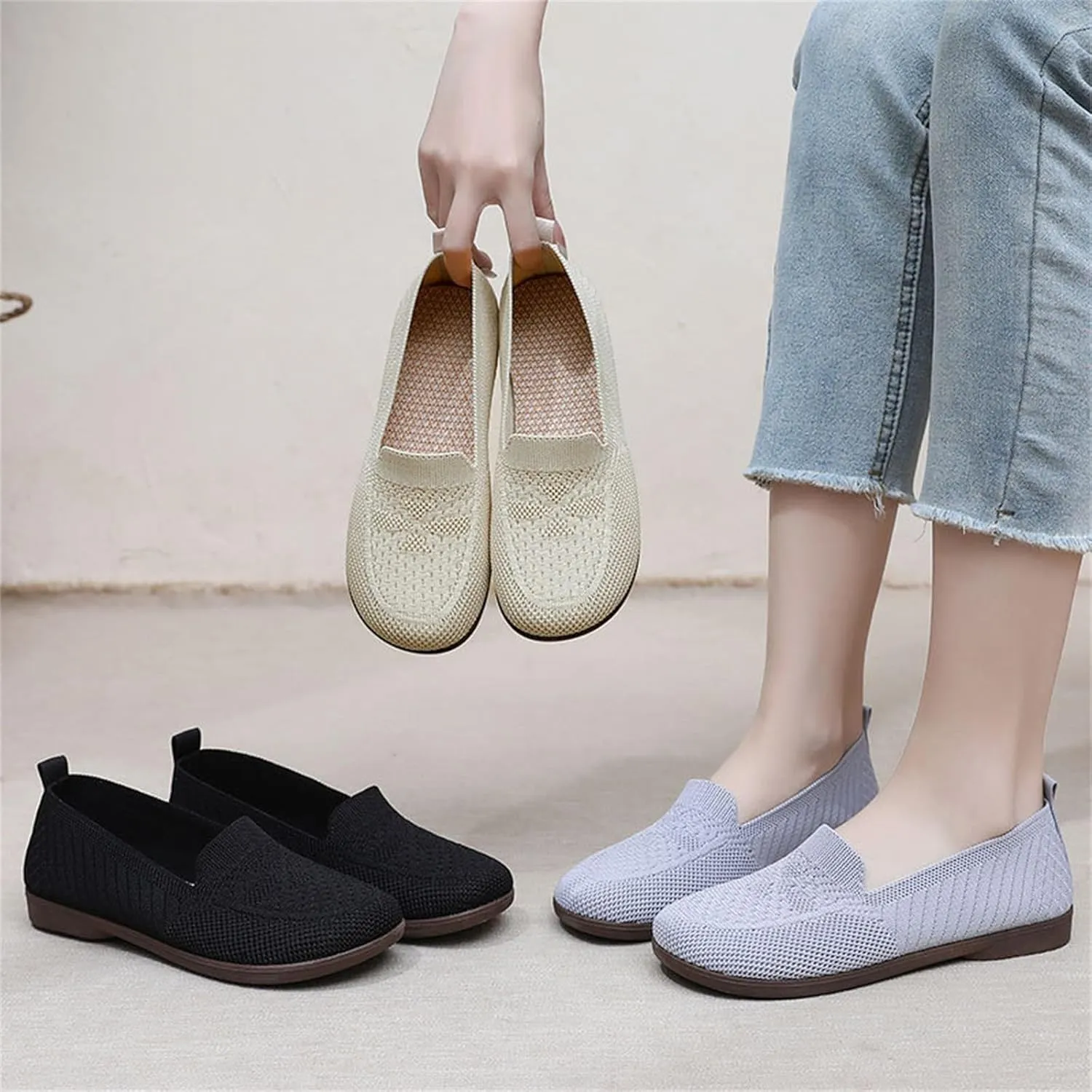 Women's Woven Orthopedic Breathable Soft Shoes Arch Support, Mesh Anti Slip Sports Shoes Comfortable Low Heel Slip on Sneaker