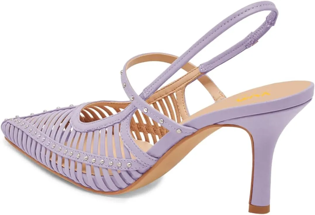 XYD Women Caged Pointed Toe Mid Heel Pumps Multi Studs Slingback Sandals Chic Party Formal Shoes