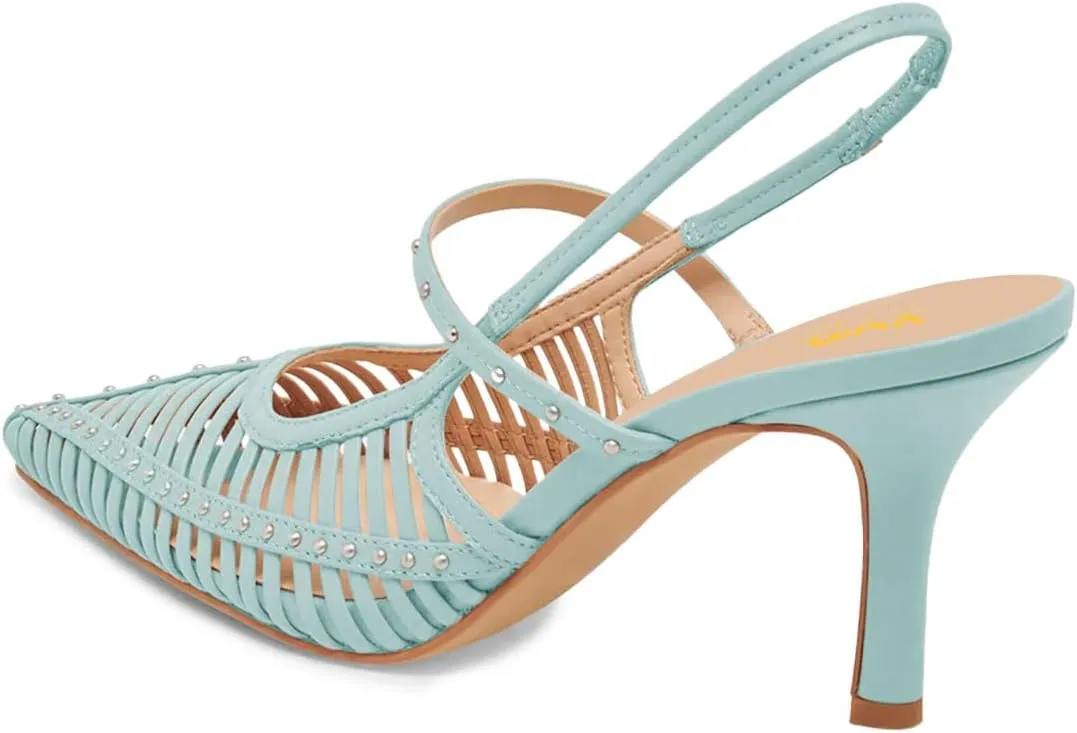 XYD Women Caged Pointed Toe Mid Heel Pumps Multi Studs Slingback Sandals Chic Party Formal Shoes