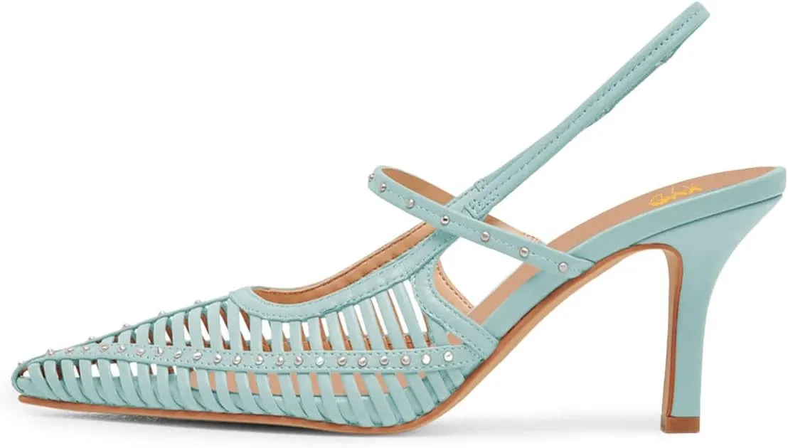 XYD Women Caged Pointed Toe Mid Heel Pumps Multi Studs Slingback Sandals Chic Party Formal Shoes