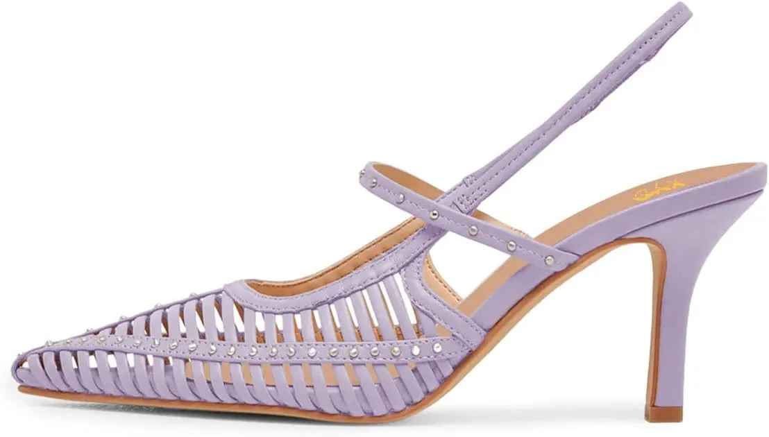 XYD Women Caged Pointed Toe Mid Heel Pumps Multi Studs Slingback Sandals Chic Party Formal Shoes