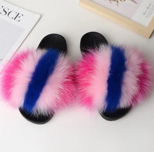 Yeknu Hot Sale Summer Women Fox Fur Slippers Furry Slippers Designer Fur Slides Girls Black Fur Slides Gorgeous Big Fur Slides Sandal