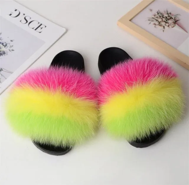 Yeknu Hot Sale Summer Women Fox Fur Slippers Furry Slippers Designer Fur Slides Girls Black Fur Slides Gorgeous Big Fur Slides Sandal