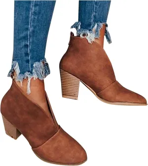 ZBYY Womens Pointed Toe Chunky Stacked Mid Heel Ankle Boots Deep V Cutout Short Booties Western Dress Shoes