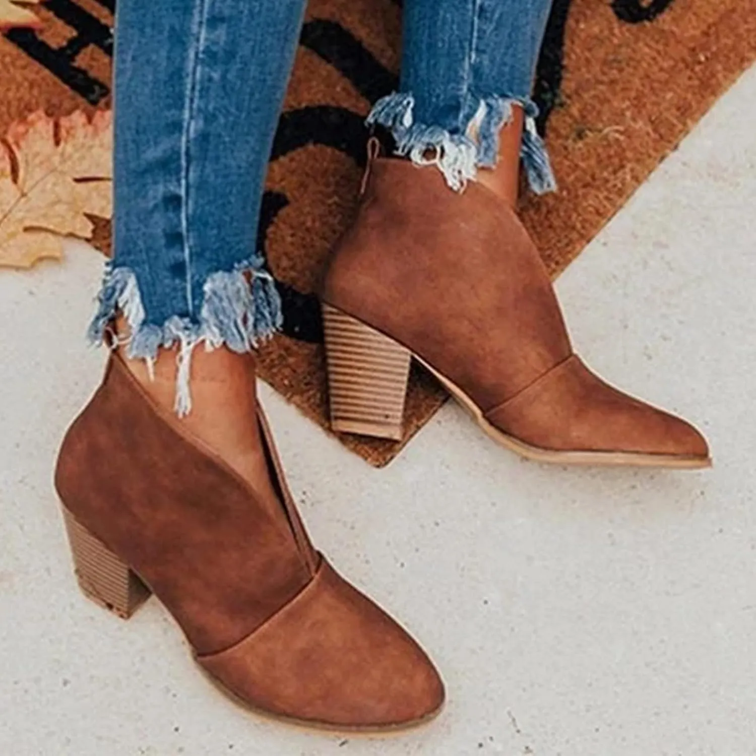 ZBYY Womens Pointed Toe Chunky Stacked Mid Heel Ankle Boots Deep V Cutout Short Booties Western Dress Shoes
